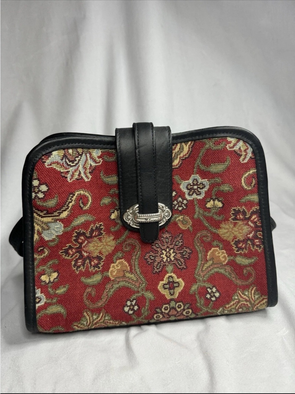 Raviani Red Floral Tapestry Crossbody Bag with Black Trim